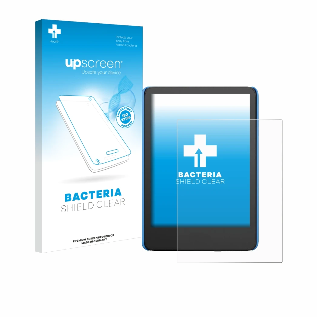 Vorderseite einer Produktverpackung mit dem Markenlogo upscreen. Daneben ist das Gerät Amazon Kindle Kids (2024) mit dem zugeh