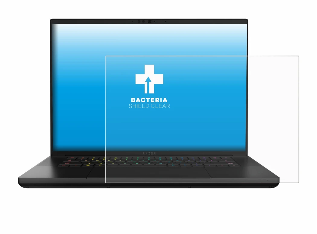 Abbildung des Geräts Razer Blade 16 2024 mit einer Vielzahl des Displayschutzes.