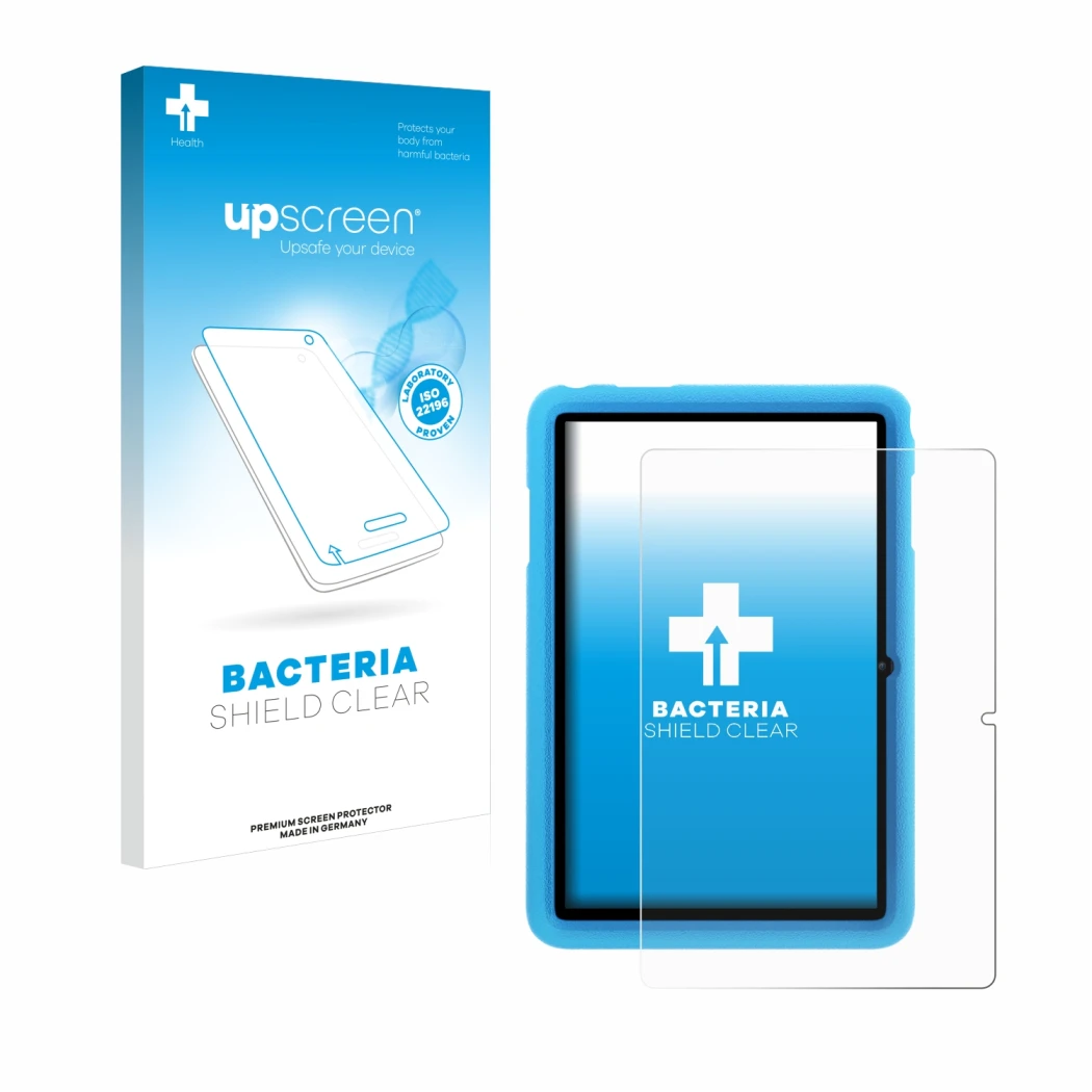 Vorderseite einer Produktverpackung mit dem Markenlogo upscreen. Daneben ist das Gerät Blackview Tab 8 Kids mit dem zugehörige