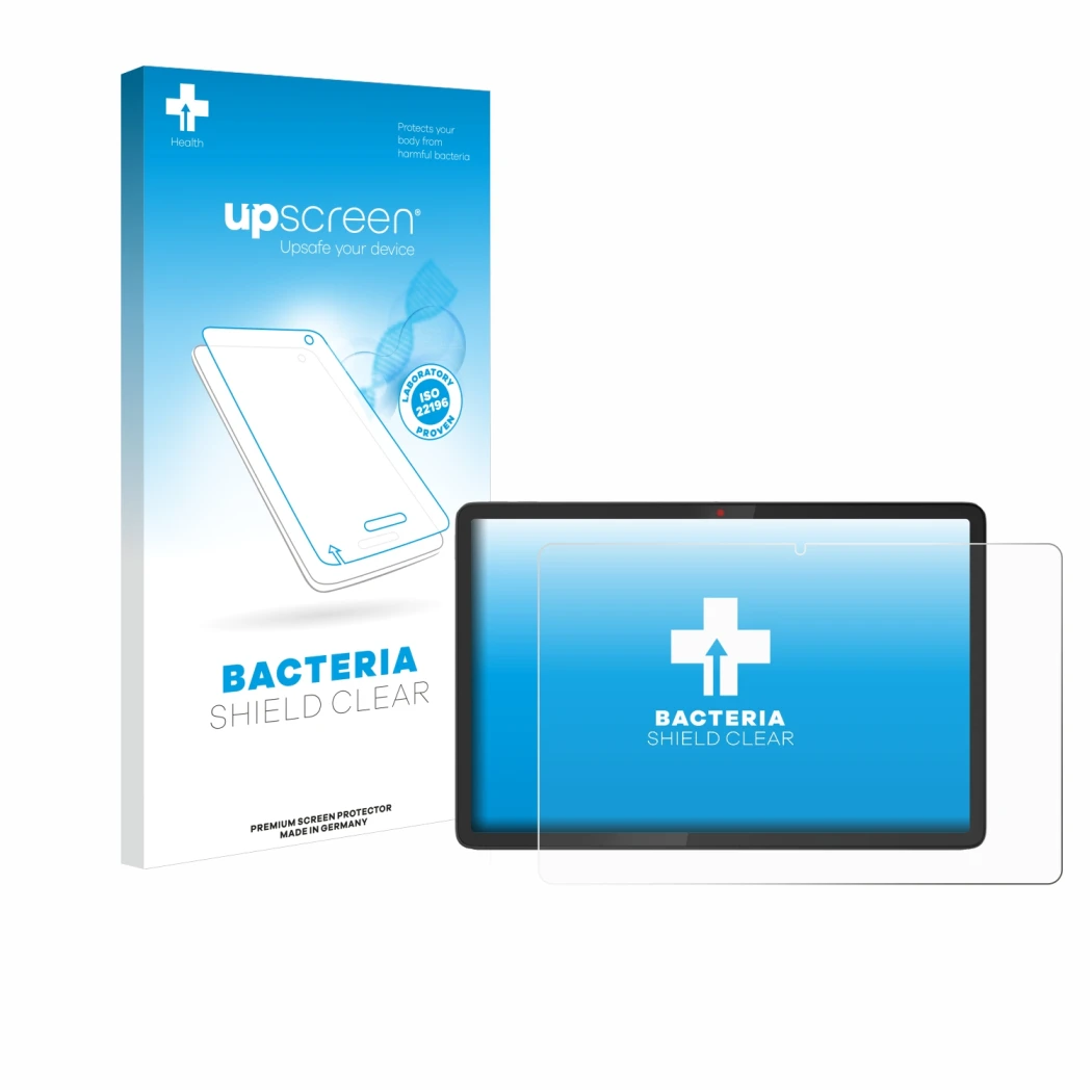 Vorderseite einer Produktverpackung mit dem Markenlogo upscreen. Daneben ist das Gerät Lenovo Chromebook Duet 11M889 mit dem z