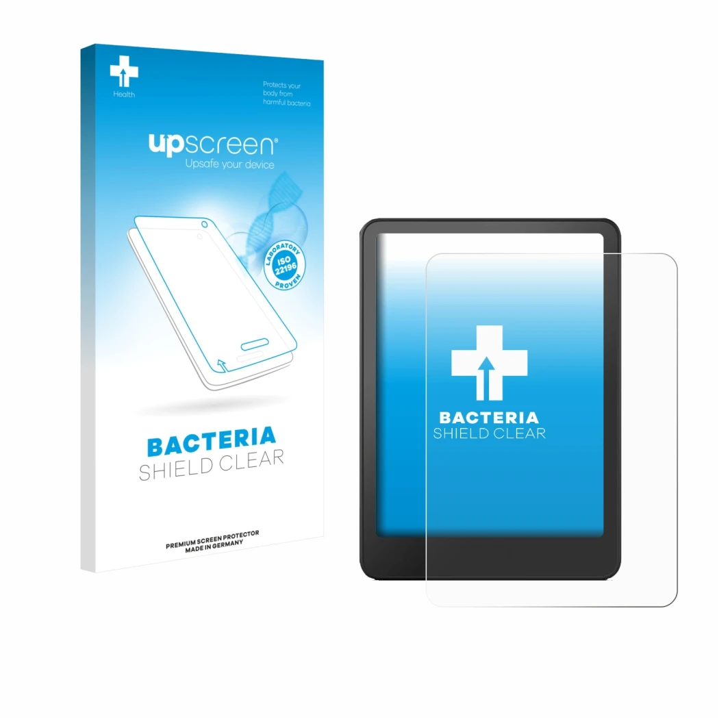 Vorderseite einer Produktverpackung mit dem Markenlogo upscreen. Daneben ist das Gerät Amazon Kindle Paperwhite 2024 Signature