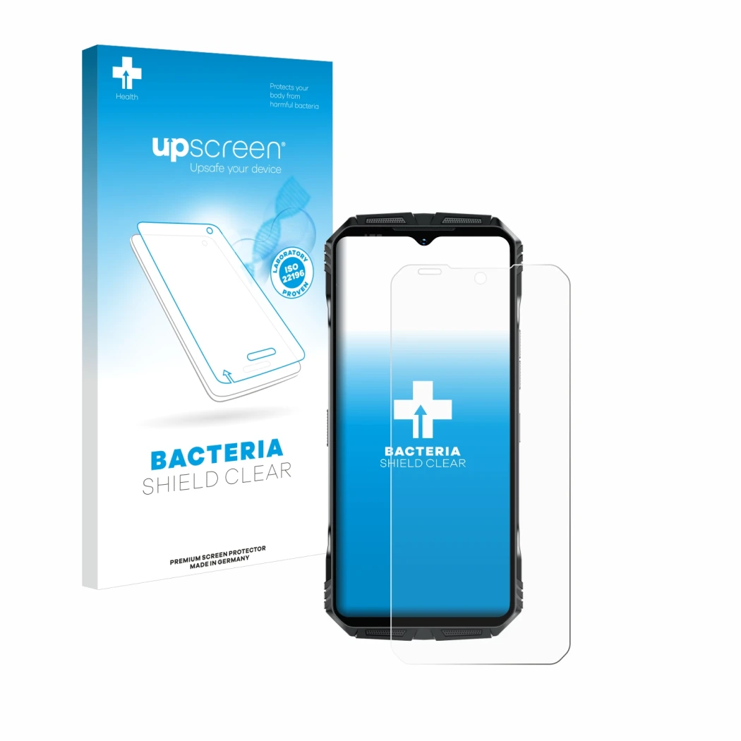 Vorderseite einer Produktverpackung mit dem Markenlogo upscreen. Daneben ist das Gerät Doogee S118 Pro mit dem zugehörigen Dis