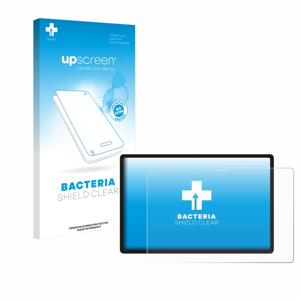 Vorderseite einer Produktverpackung mit dem Markenlogo upscreen. Daneben ist das Gerät Lenovo Yoga Tab 2025 mit dem zugehörige