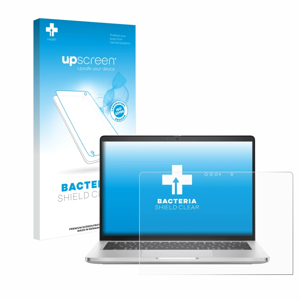 Vorderseite einer Produktverpackung mit dem Markenlogo upscreen. Daneben ist das Gerät Dell Pro 14 Plus 2-in-1 PB14250 mit dem