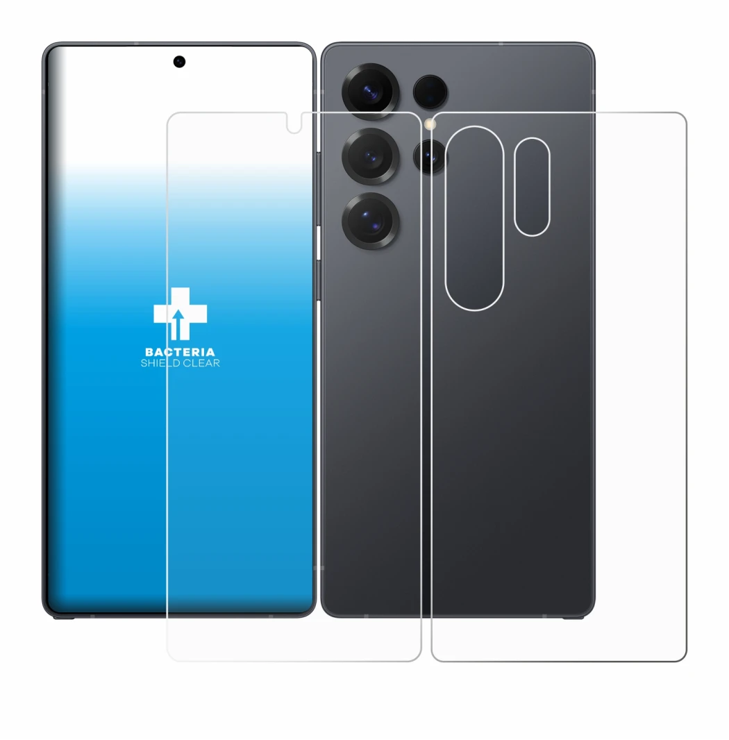 Abbildung des Geräts Samsung Galaxy S25 Ultra (Display+Rückseite) mit einer Vielzahl des Displayschutzes.
