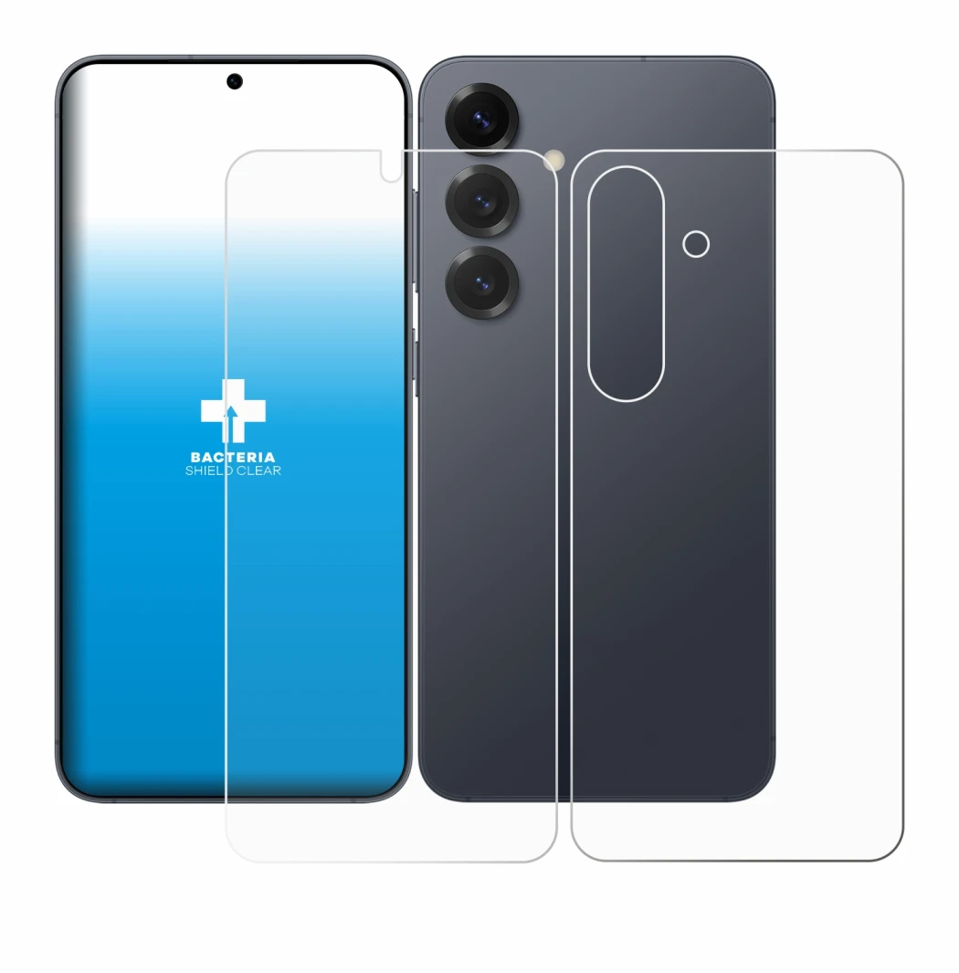 Abbildung des Geräts Samsung Galaxy S25 (Display+Rückseite) mit einer Vielzahl des Displayschutzes.