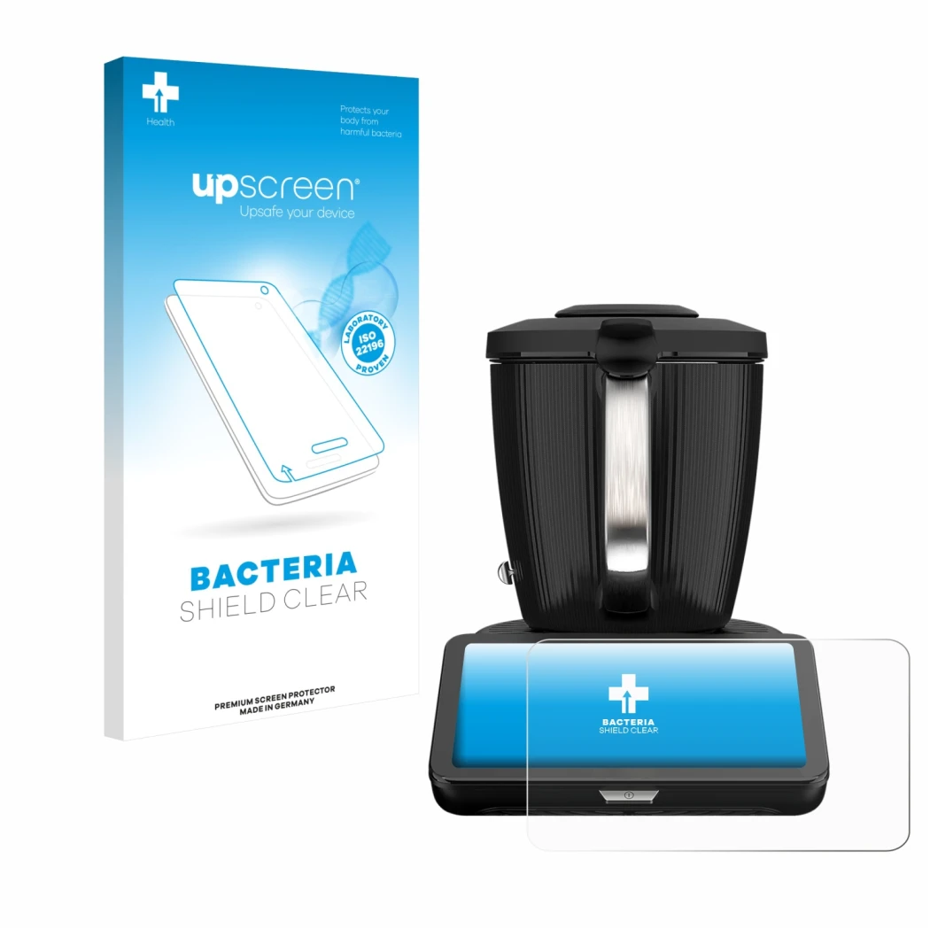 Vorderseite einer Produktverpackung mit dem Markenlogo upscreen. Daneben ist das Gerät Vorwerk Thermomix TM7 mit dem zugehörig