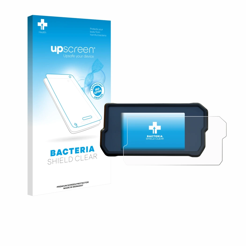 Vorderseite einer Produktverpackung mit dem Markenlogo upscreen. Daneben ist das Gerät KTM 390 / 890 Adventure 2020+ mit dem z