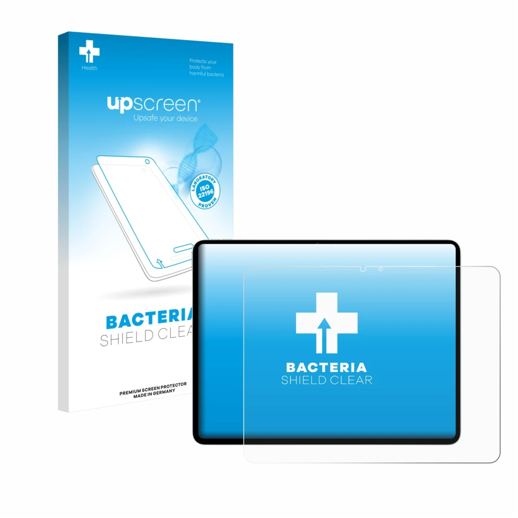 Vorderseite einer Produktverpackung mit dem Markenlogo upscreen. Daneben ist das Gerät Apple iPad Air 13