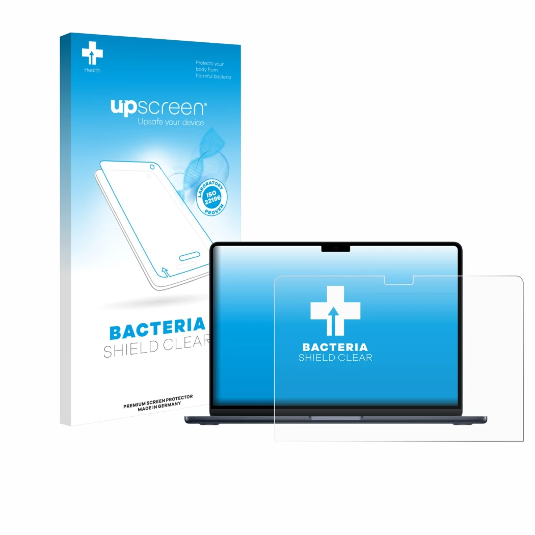 Vorderseite einer Produktverpackung mit dem Markenlogo upscreen. Daneben ist das Gerät Apple MacBook Air 13