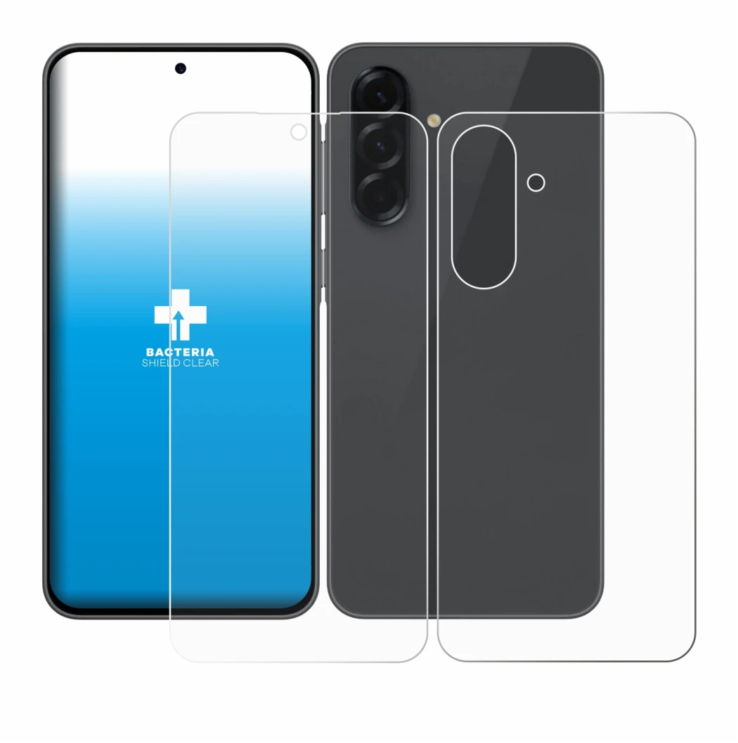 Abbildung des Geräts Samsung Galaxy A36 5G (Display+Rückseite) mit einer Vielzahl des Displayschutzes.