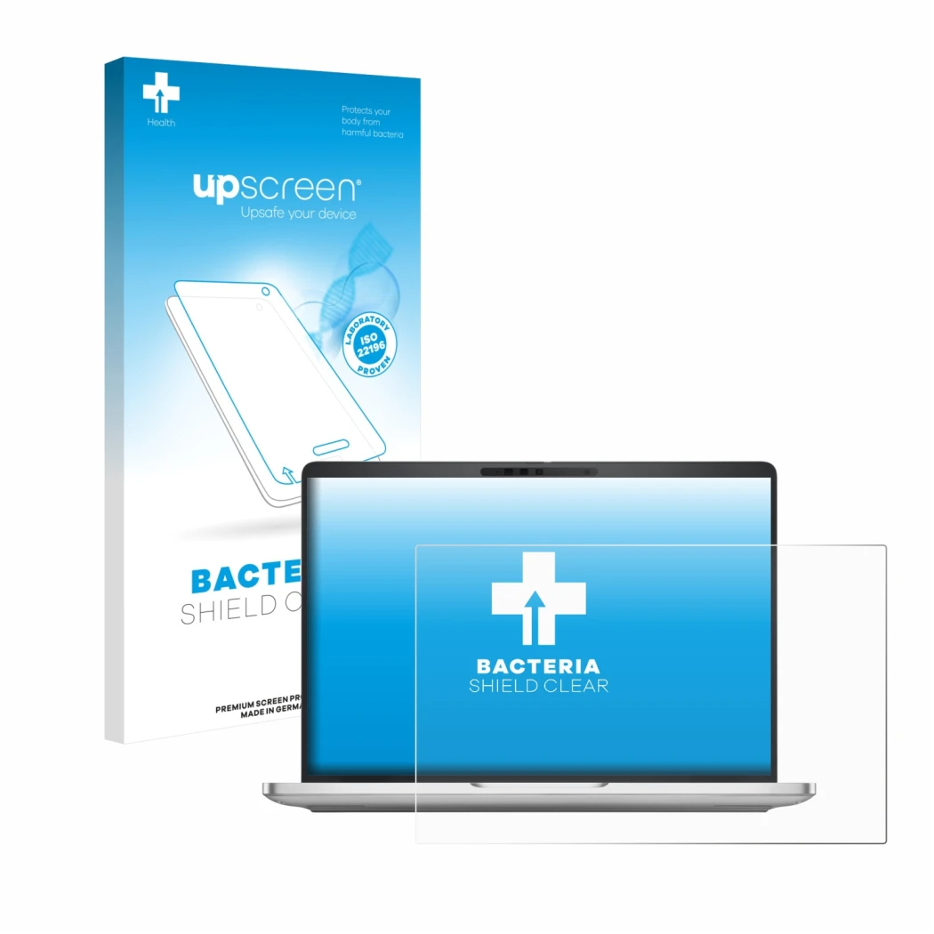 Vorderseite einer Produktverpackung mit dem Markenlogo upscreen. Daneben ist das Gerät Dell Pro 13 Plus Laptop mit dem zugehör