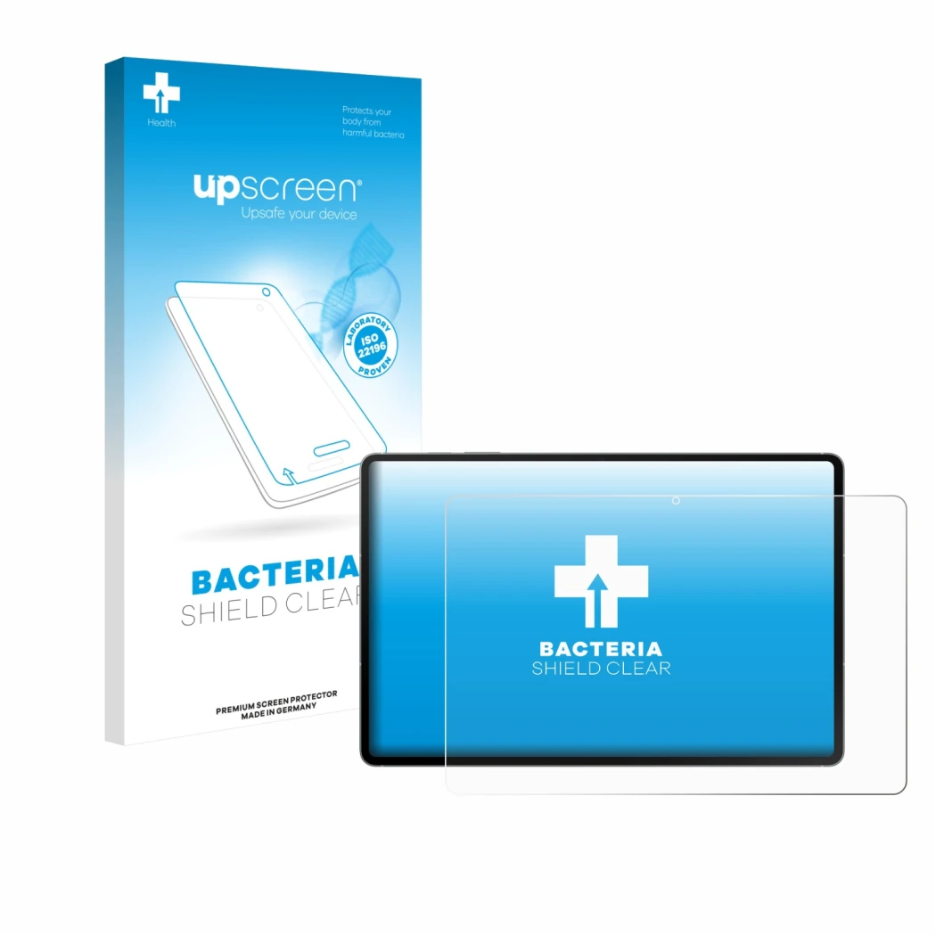 Vorderseite einer Produktverpackung mit dem Markenlogo upscreen. Daneben ist das Gerät Samsung Galaxy Tab S10 FE+ WiFi mit dem