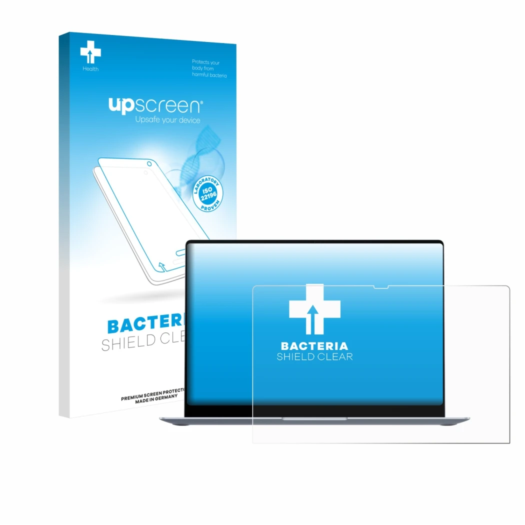 Vorderseite einer Produktverpackung mit dem Markenlogo upscreen. Daneben ist das Gerät Samsung Galaxy Book4 15.6