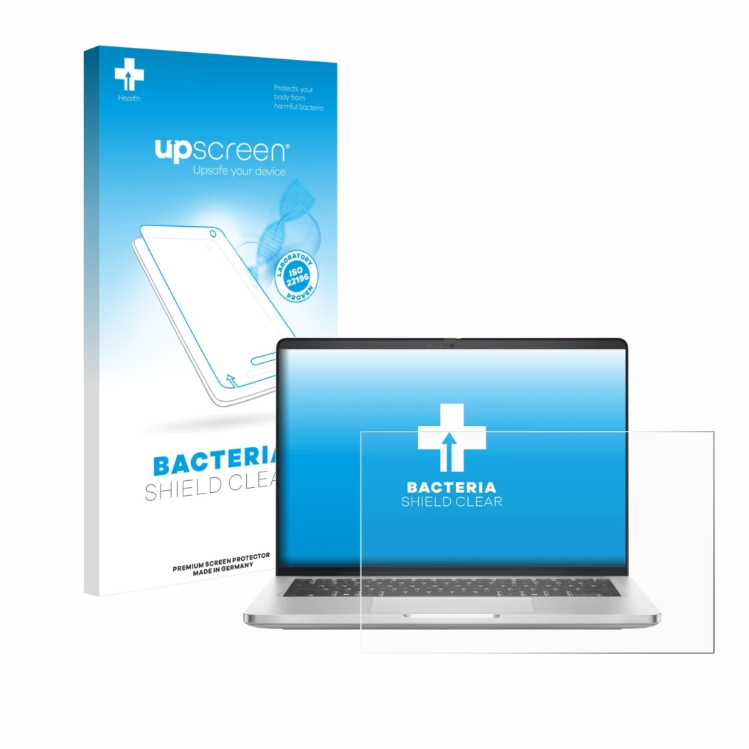 Vorderseite einer Produktverpackung mit dem Markenlogo upscreen. Daneben ist das Gerät Dell Pro 14 Plus PB14250 mit dem zugehö