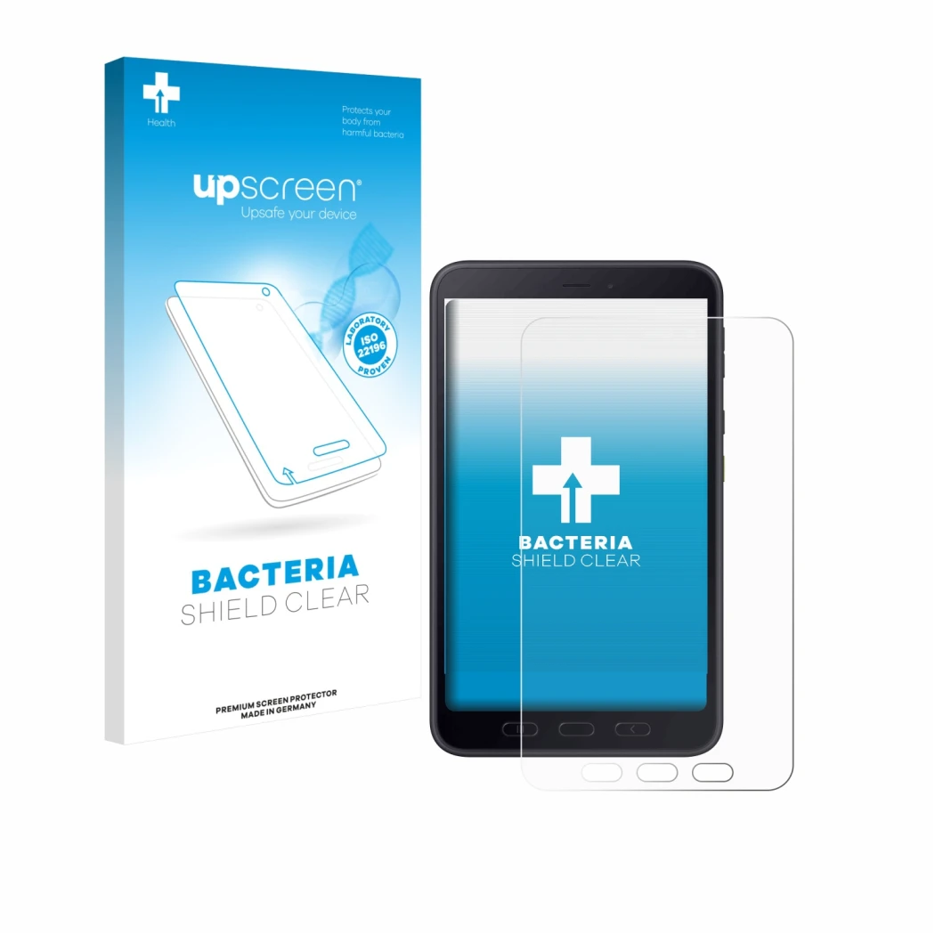 Vorderseite einer Produktverpackung mit dem Markenlogo upscreen. Daneben ist das Gerät Samsung galaxy Tab Active 5 5G Enterpri