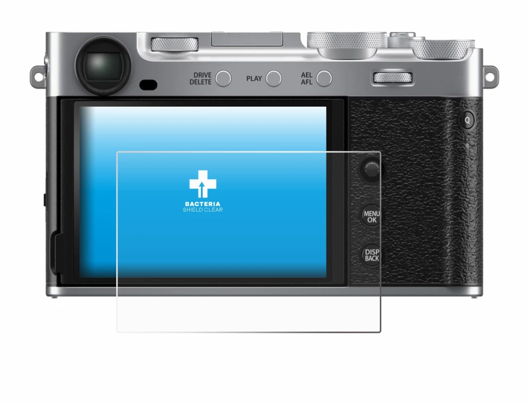 Abbildung des Geräts Fujifilm X-E5 mit einer Vielzahl des Displayschutzes.