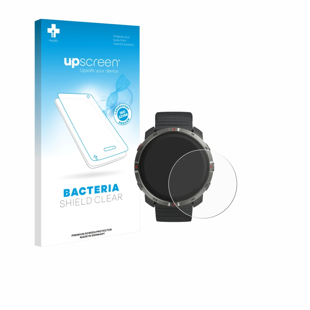 Vorderseite einer Produktverpackung mit dem Markenlogo upscreen. Daneben ist das Gerät Polar Grit X2 mit dem zugehörigen Displ