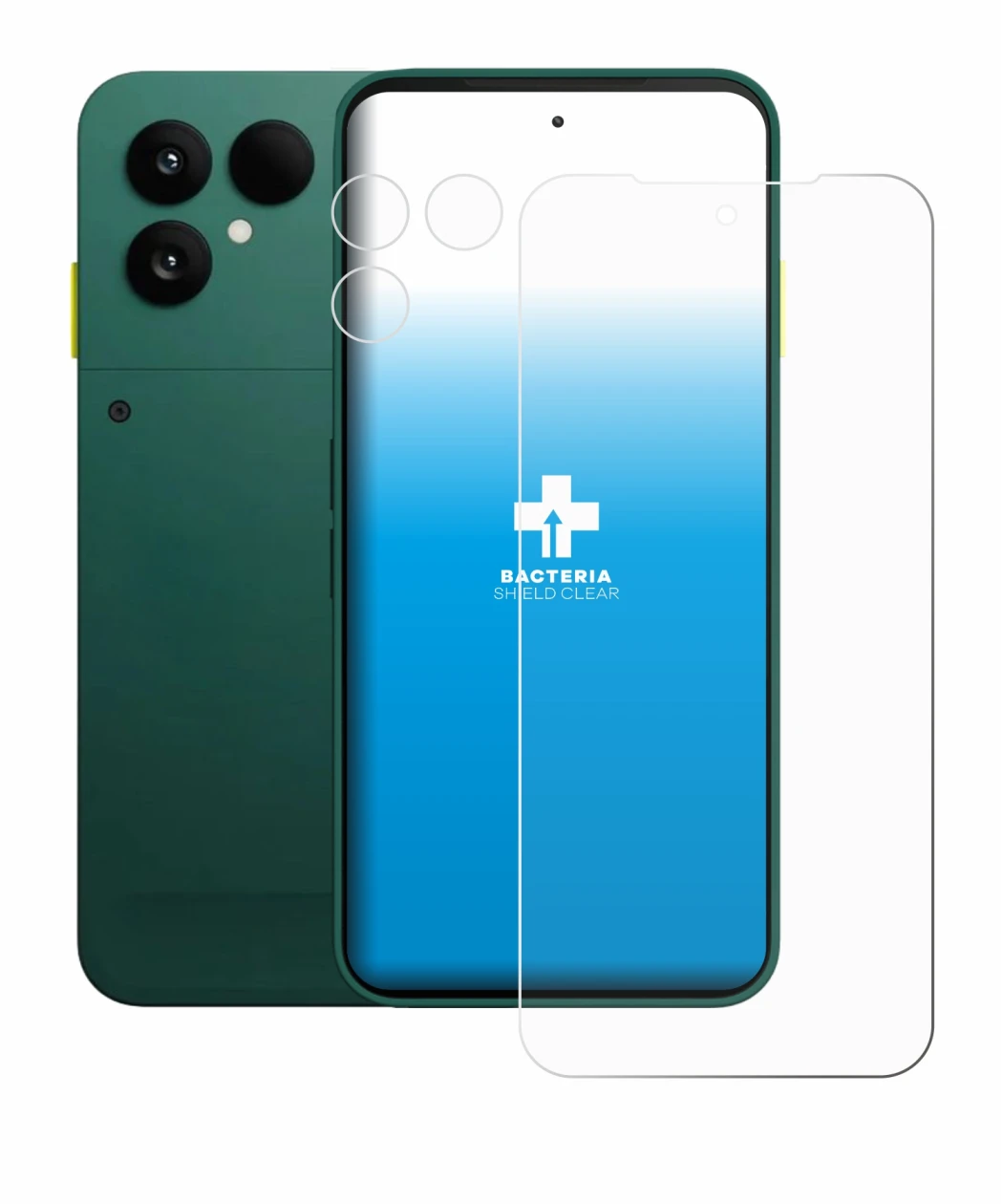 Abbildung des Geräts Fairphone 6 (Display+Kamera) mit einer Vielzahl des Displayschutzes.