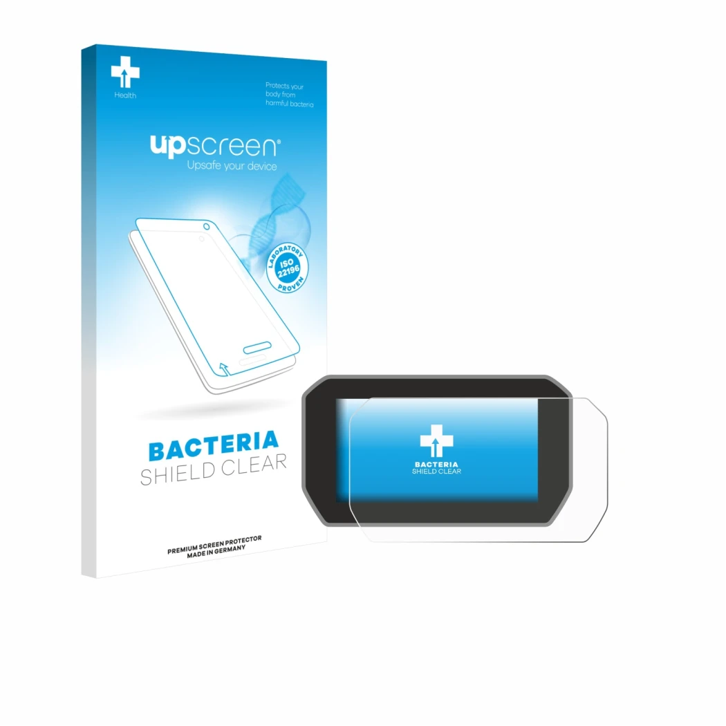 Vorderseite einer Produktverpackung mit dem Markenlogo upscreen. Daneben ist das Gerät Ducati V4S 2021 Tachoanzeige mit dem zu