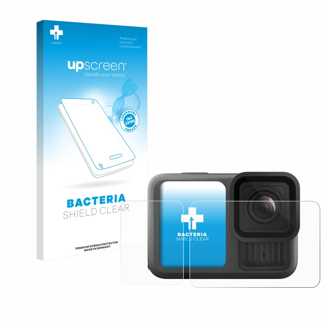 Vorderseite einer Produktverpackung mit dem Markenlogo upscreen. Daneben ist das Gerät GoPro Hero 13 Black Creator Edition mit