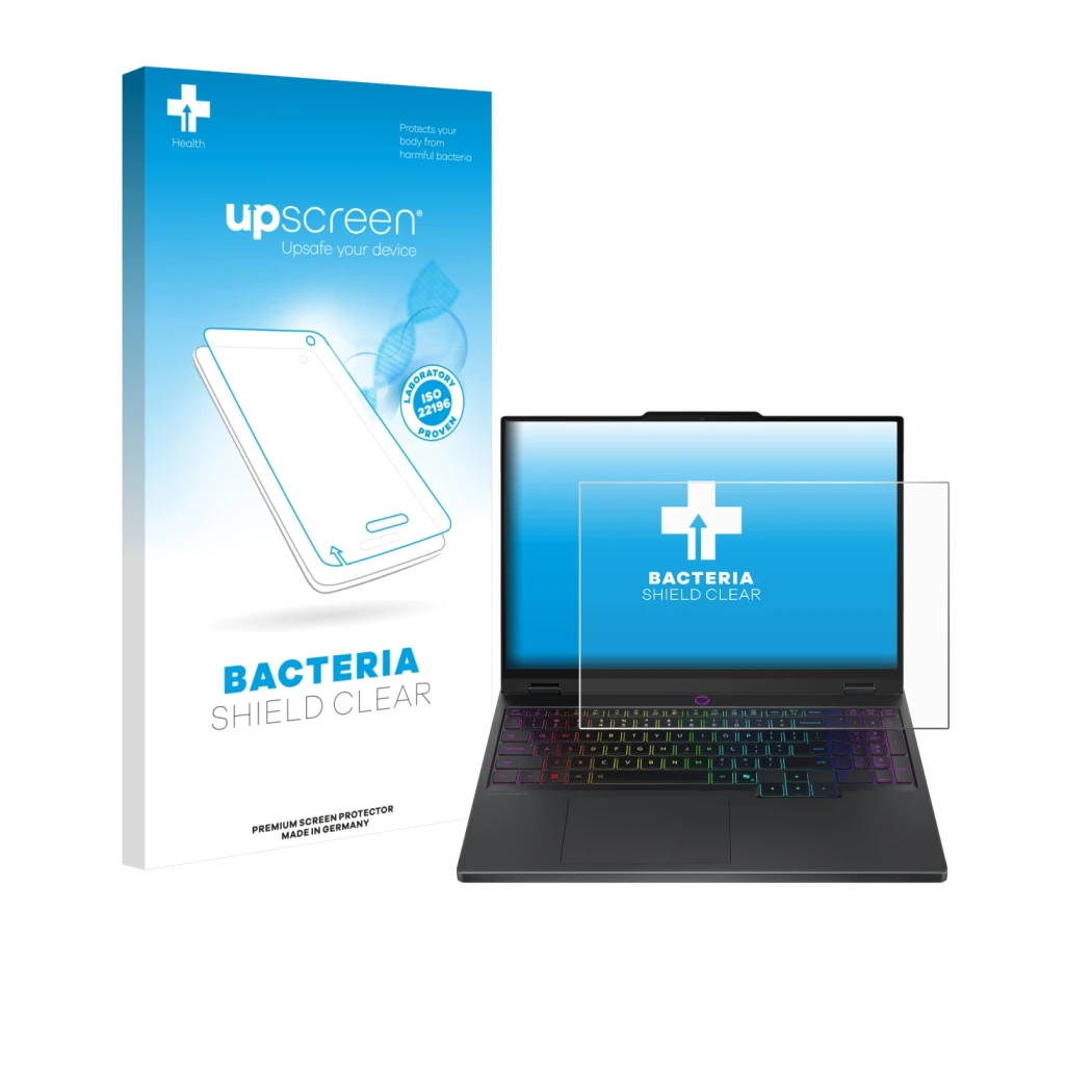 Vorderseite einer Produktverpackung mit dem Markenlogo upscreen. Daneben ist das Gerät Lenovo Legion 5 15IRX10 83LY mit dem zu