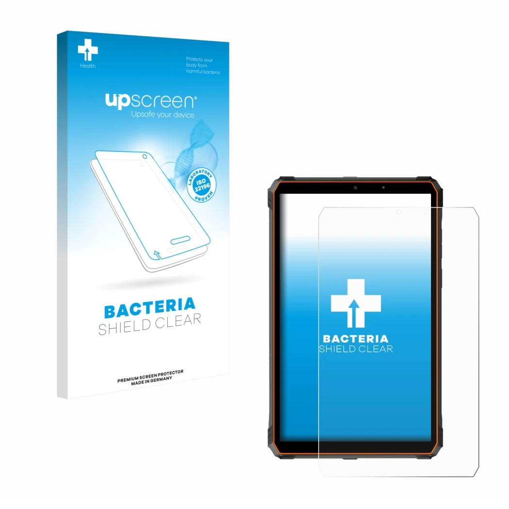 Vorderseite einer Produktverpackung mit dem Markenlogo upscreen. Daneben ist das Gerät Blackview Active 5 mit dem zugehörigen 