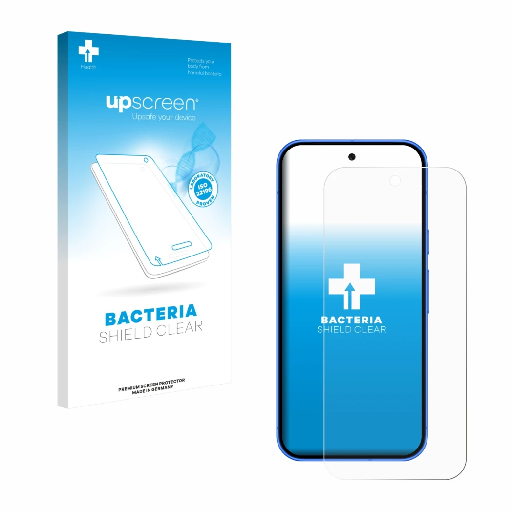 Vorderseite einer Produktverpackung mit dem Markenlogo upscreen. Daneben ist das Gerät Google Pixel 10 mit dem zugehörigen Dis