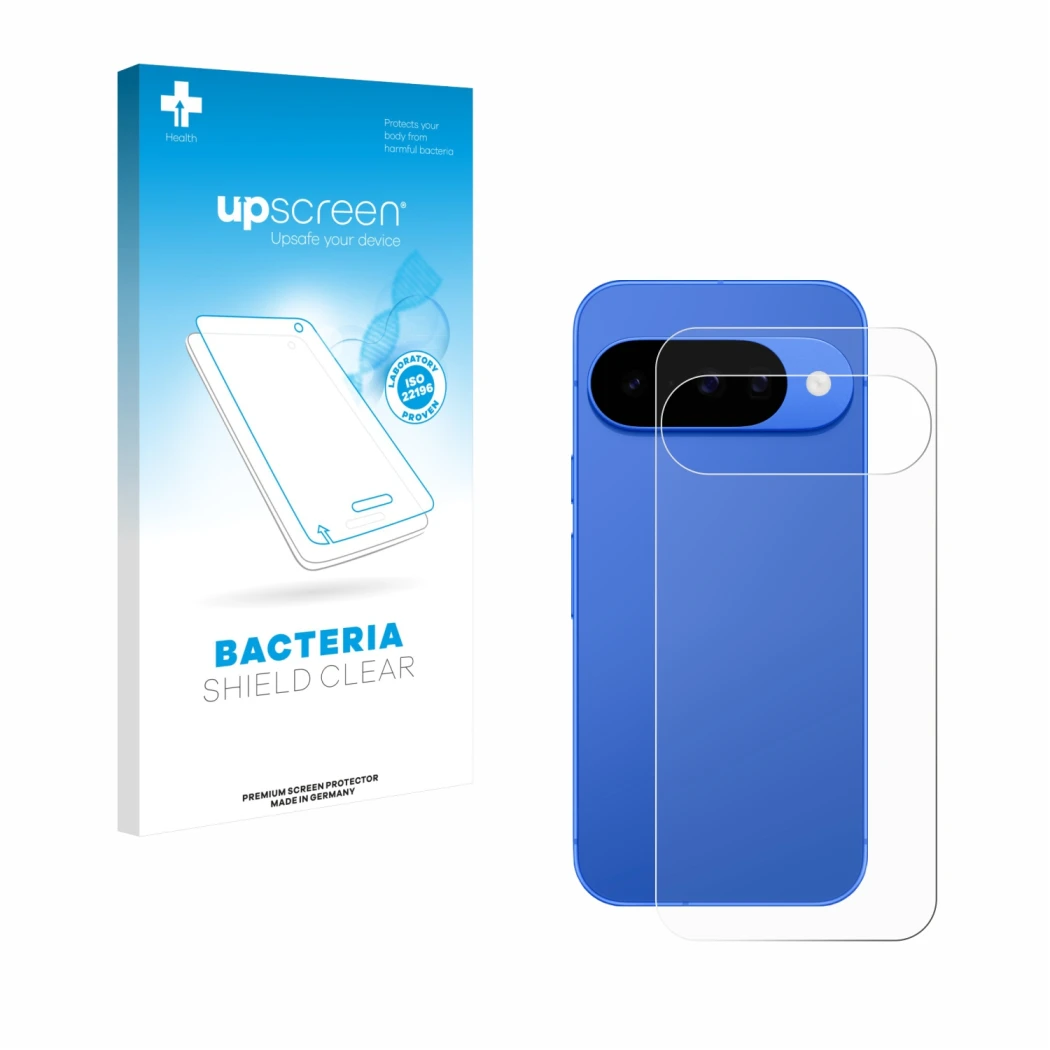 Vorderseite einer Produktverpackung mit dem Markenlogo upscreen. Daneben ist das Gerät Google Pixel 10 (Rückseite) mit dem zug