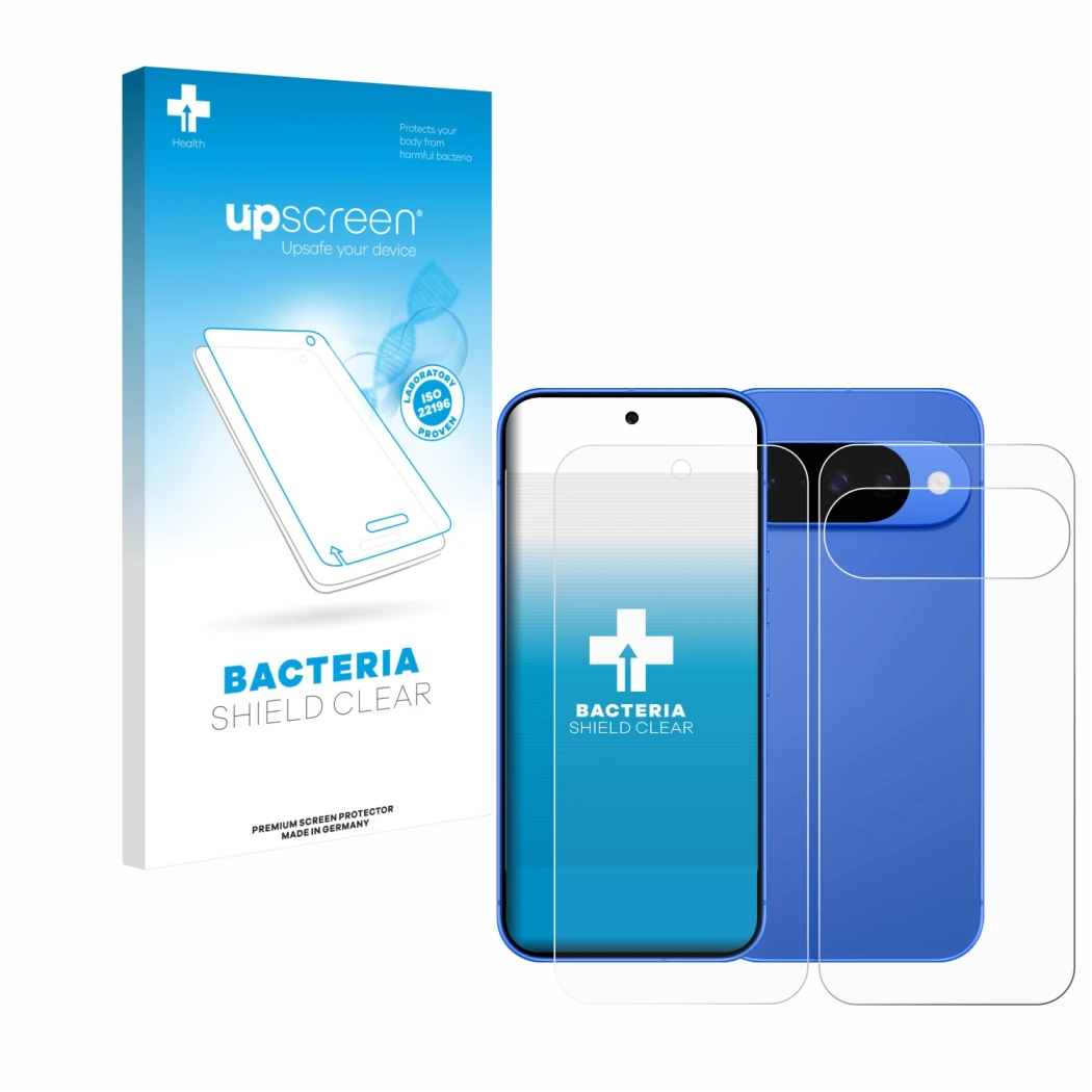 Vorderseite einer Produktverpackung mit dem Markenlogo upscreen. Daneben ist das Gerät Google Pixel 10 (Display+Rückseite) mit