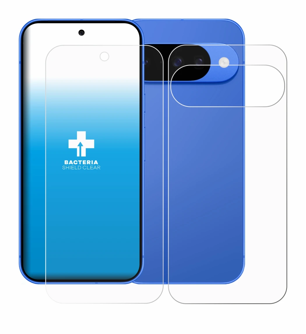 Abbildung des Geräts Google Pixel 10 (Display+Rückseite) mit einer Vielzahl des Displayschutzes.