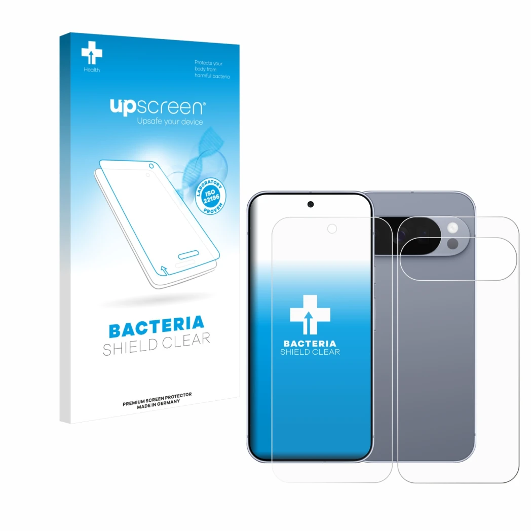 Vorderseite einer Produktverpackung mit dem Markenlogo upscreen. Daneben ist das Gerät Google Pixel 10 Pro (Display+Rückseite)