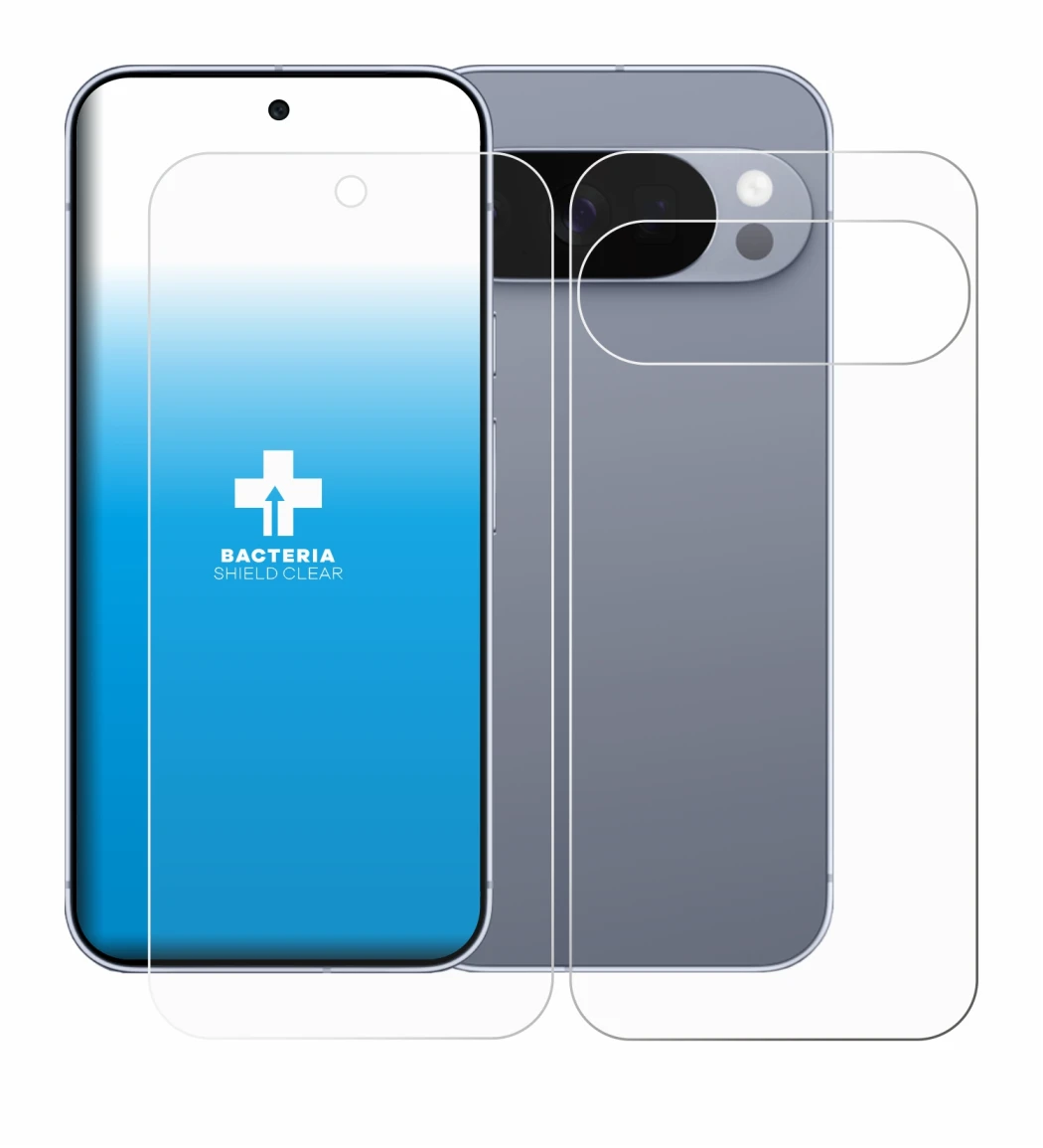 Abbildung des Geräts Google Pixel 10 Pro (Display+Rückseite) mit einer Vielzahl des Displayschutzes.