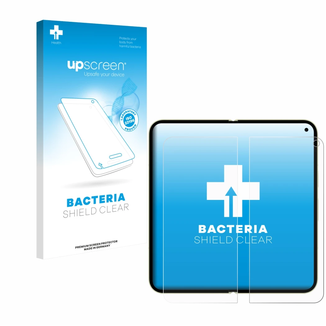 Vorderseite einer Produktverpackung mit dem Markenlogo upscreen. Daneben ist das Gerät Google Pixel 10 Pro Fold (Inneres Displ