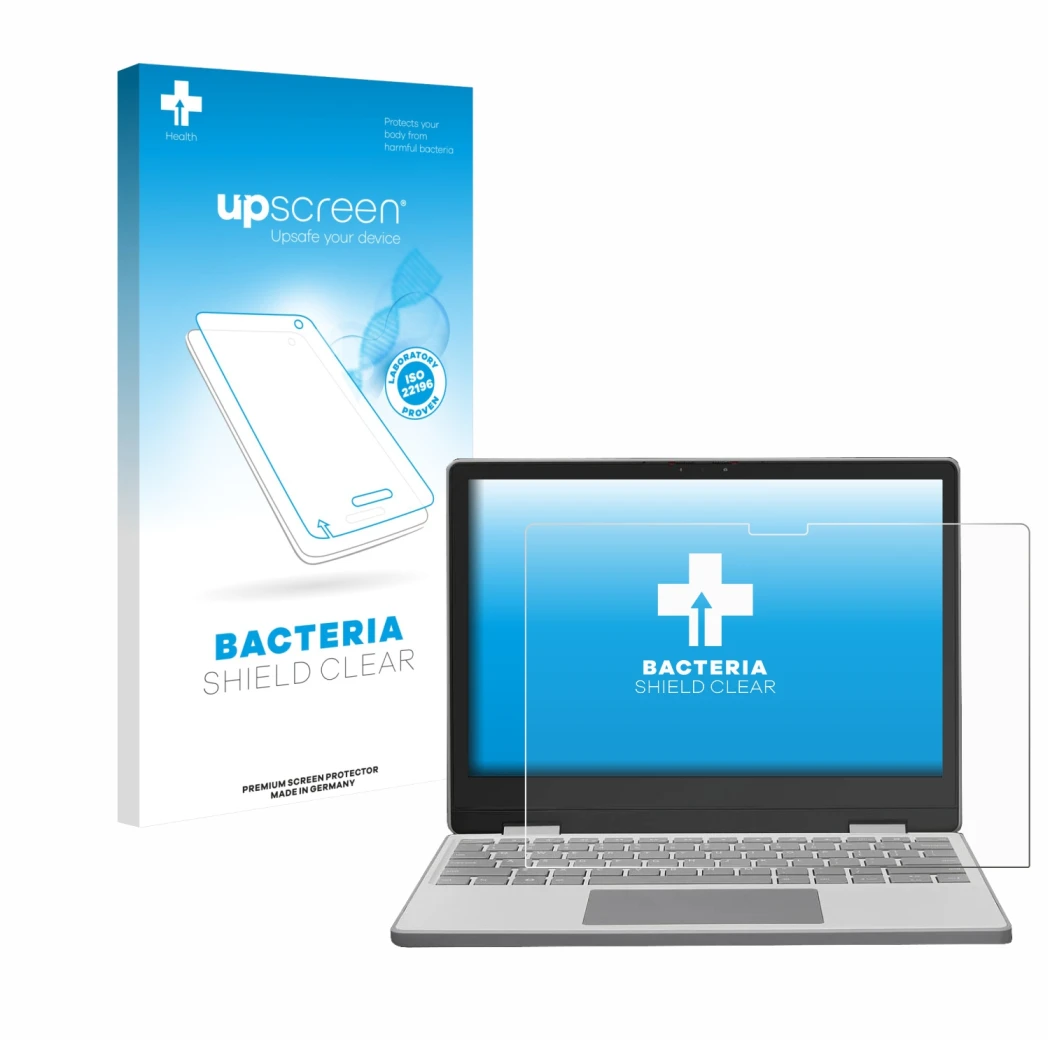 Vorderseite einer Produktverpackung mit dem Markenlogo upscreen. Daneben ist das Gerät Framework Laptop 12 mit dem zugehörigen