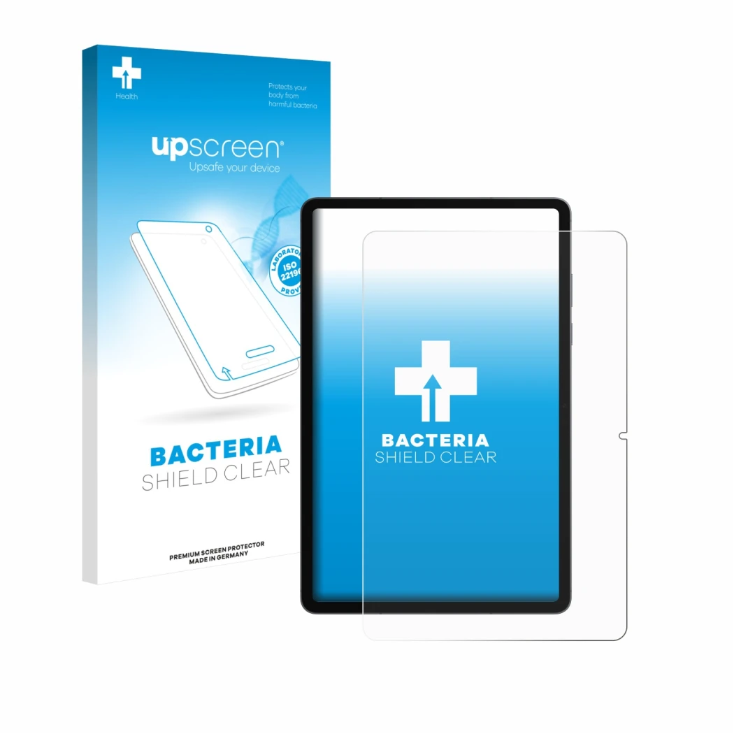 Vorderseite einer Produktverpackung mit dem Markenlogo upscreen. Daneben ist das Gerät Samsung Galaxy Tab S11 (Hochformat) mit