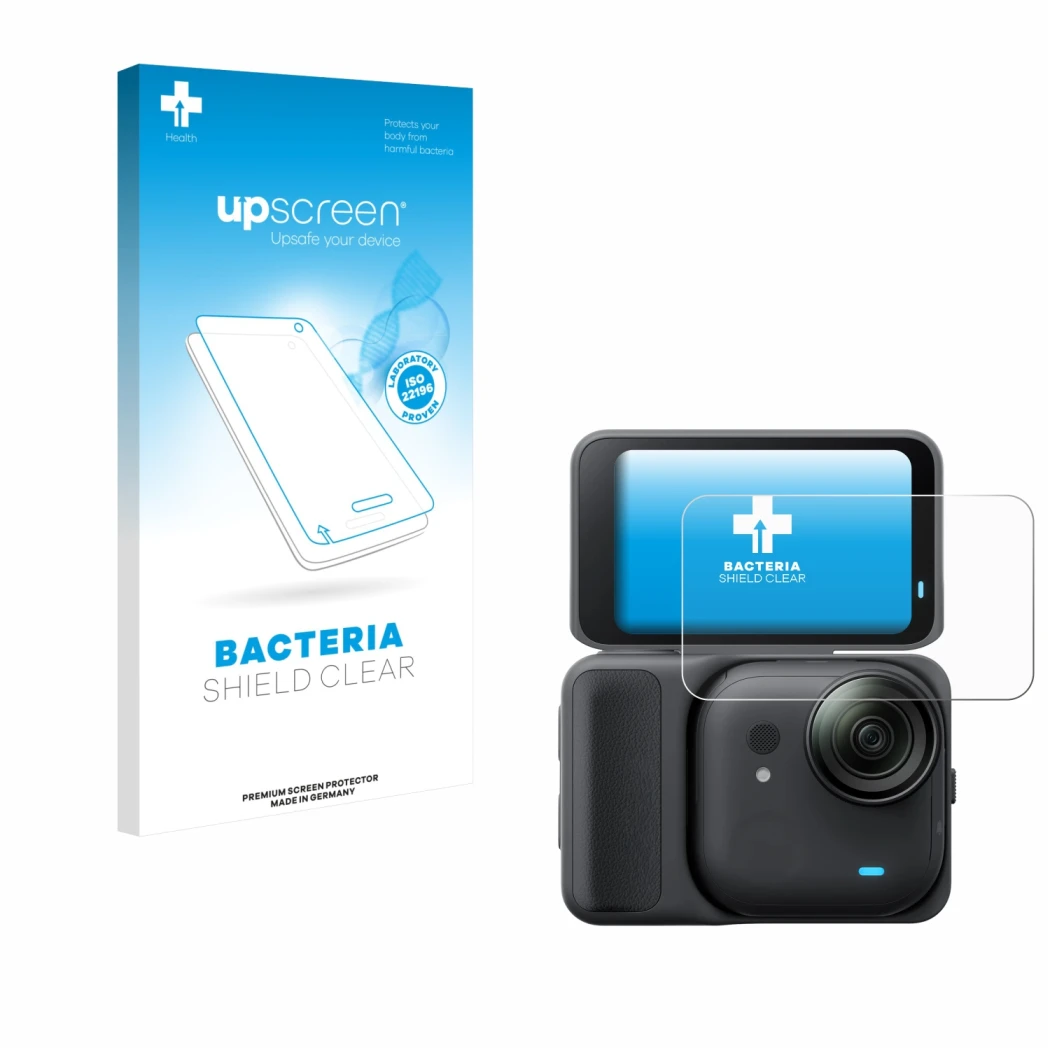 Vorderseite einer Produktverpackung mit dem Markenlogo upscreen. Daneben ist das Gerät Insta360 Go Ultra mit dem zugehörigen D