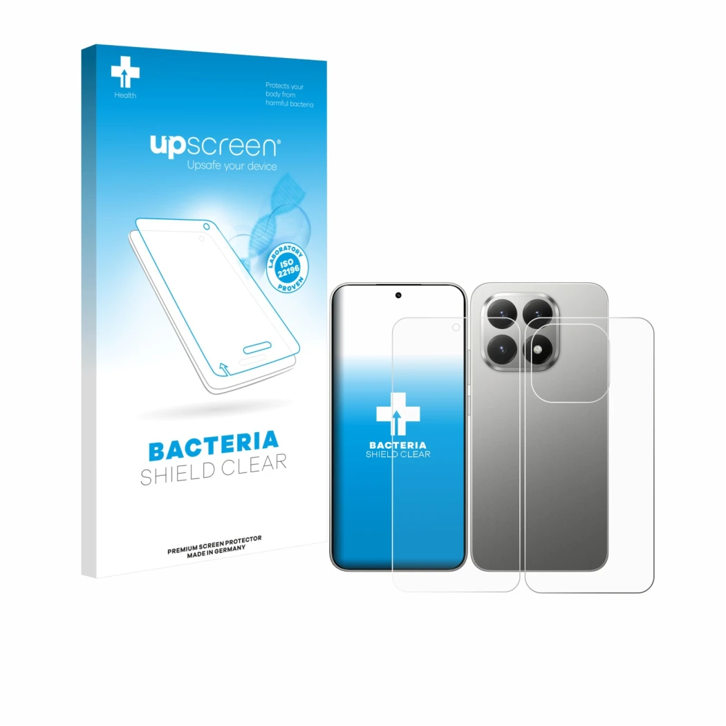 Vorderseite einer Produktverpackung mit dem Markenlogo upscreen. Daneben ist das Gerät Xiaomi 15T (Display+Rückseite) mit dem 