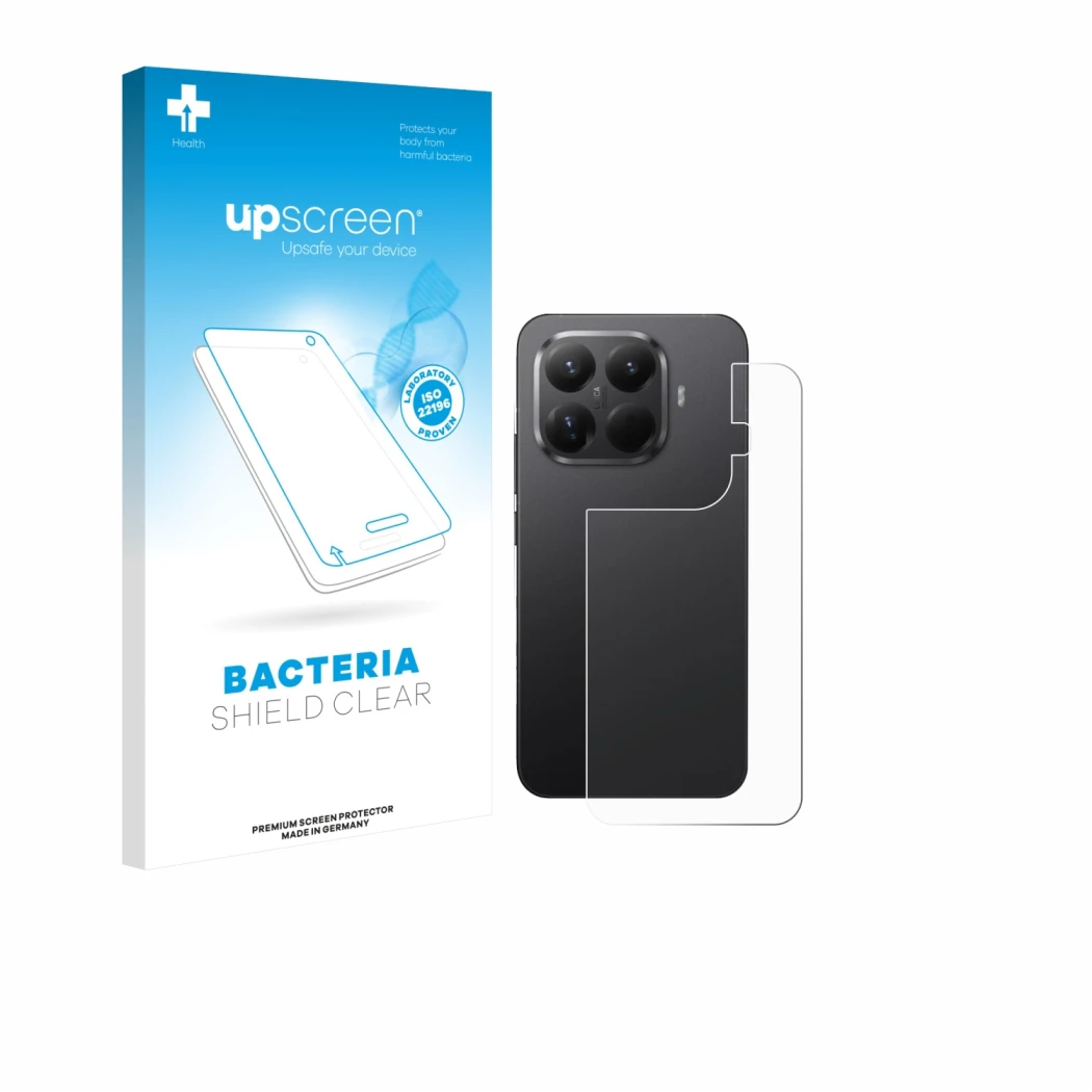 Vorderseite einer Produktverpackung mit dem Markenlogo upscreen. Daneben ist das Gerät Xiaomi 15T Pro (Rückseite) mit dem zuge