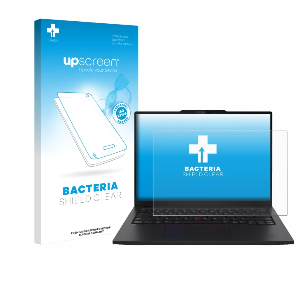 Vorderseite einer Produktverpackung mit dem Markenlogo upscreen. Daneben ist das Gerät Lenovo ThinkPad L13 Gen 6 mit dem zugeh