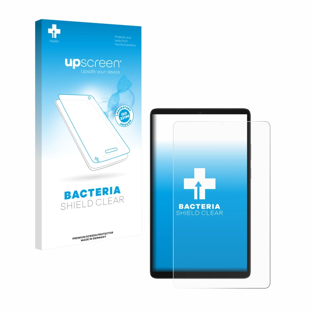 Vorderseite einer Produktverpackung mit dem Markenlogo upscreen. Daneben ist das Gerät Samsung Galaxy Tab A11 8.7