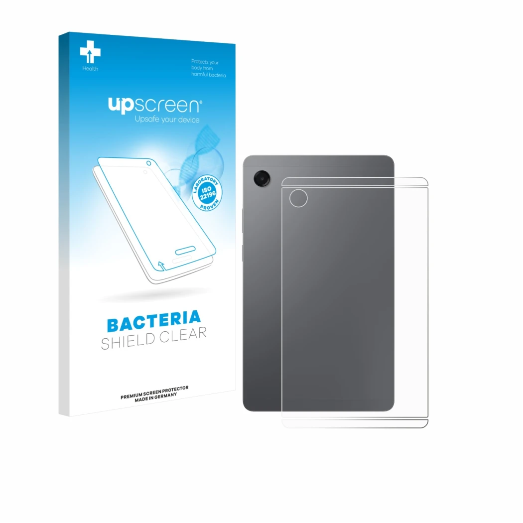 Vorderseite einer Produktverpackung mit dem Markenlogo upscreen. Daneben ist das Gerät Samsung Galaxy Tab A11 8.7