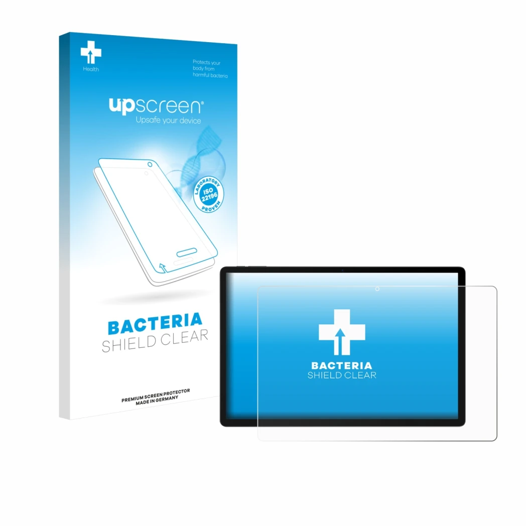 Vorderseite einer Produktverpackung mit dem Markenlogo upscreen. Daneben ist das Gerät Doogee U13 mit dem zugehörigen Displays