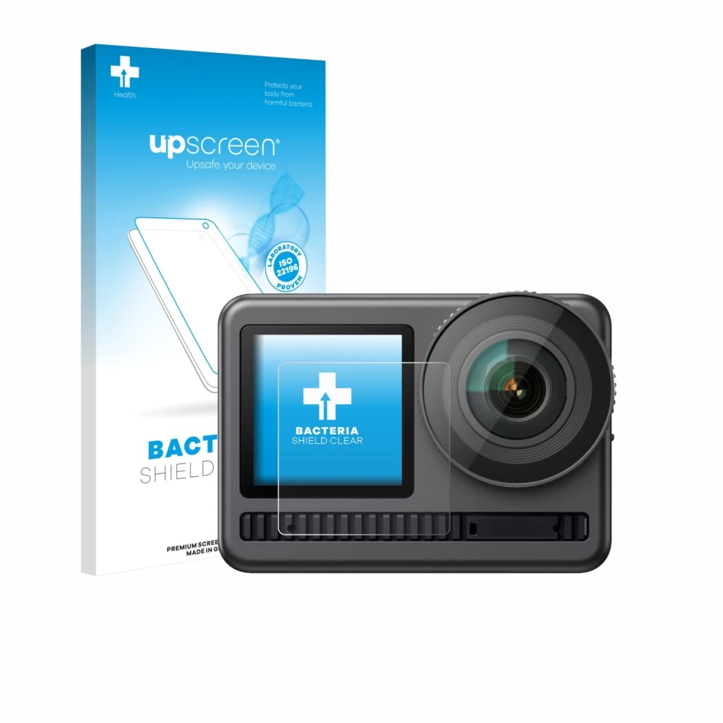 Vorderseite einer Produktverpackung mit dem Markenlogo upscreen. Daneben ist das Gerät Akaso Brave 8 (Vorderes Display) mit de