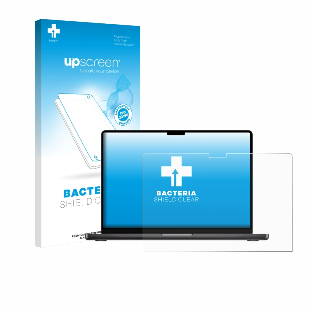 Vorderseite einer Produktverpackung mit dem Markenlogo upscreen. Daneben ist das Gerät Apple MacBook Pro 14