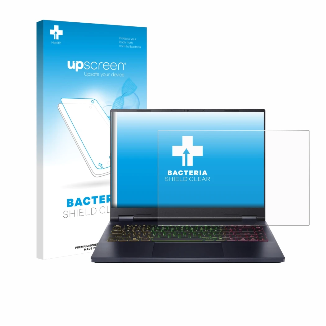 Vorderseite einer Produktverpackung mit dem Markenlogo upscreen. Daneben ist das Gerät Acer Predator Helios Neo 14 AI mit dem 