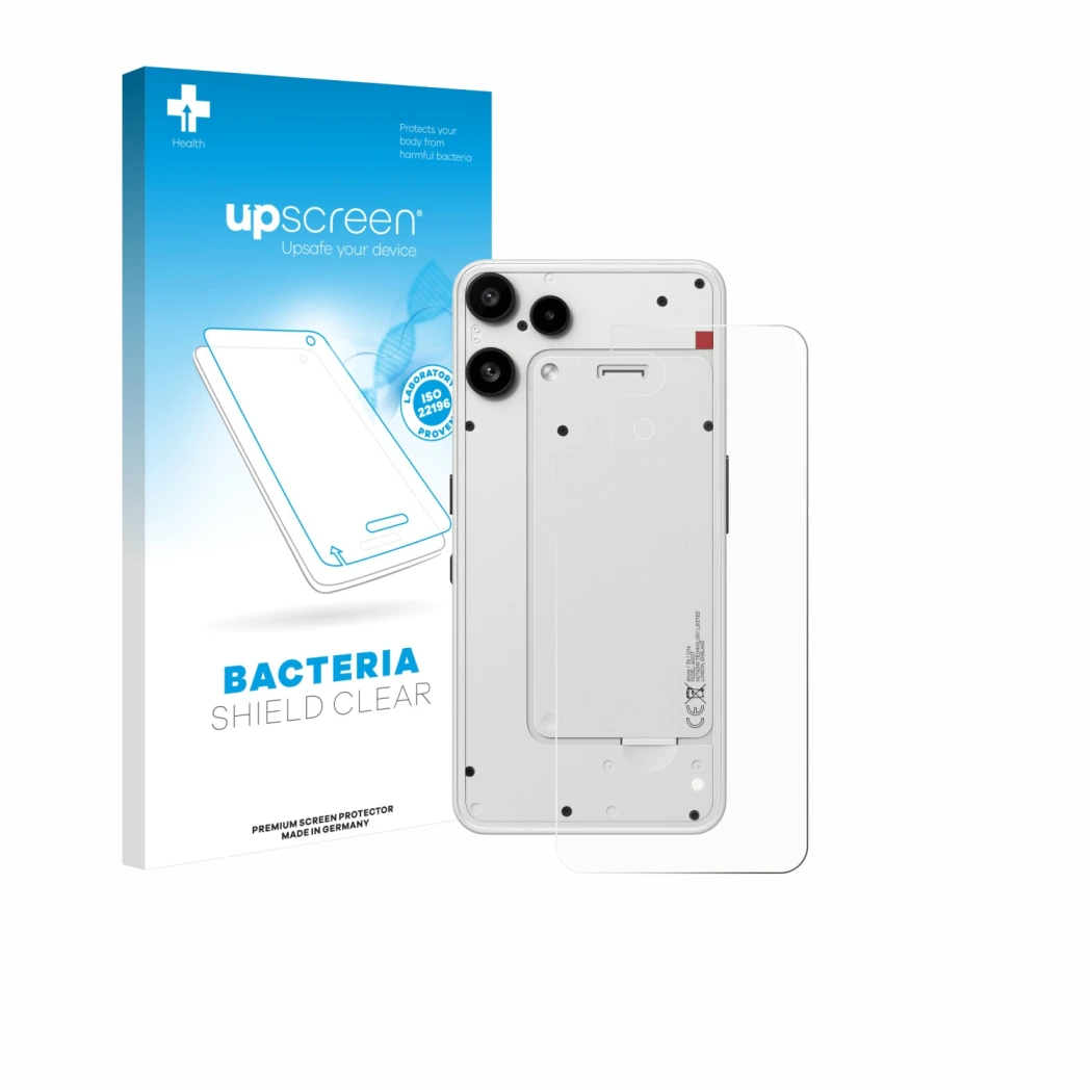 Vorderseite einer Produktverpackung mit dem Markenlogo upscreen. Daneben ist das Gerät Nothing Phone (3a) Lite (Rückseite) mit