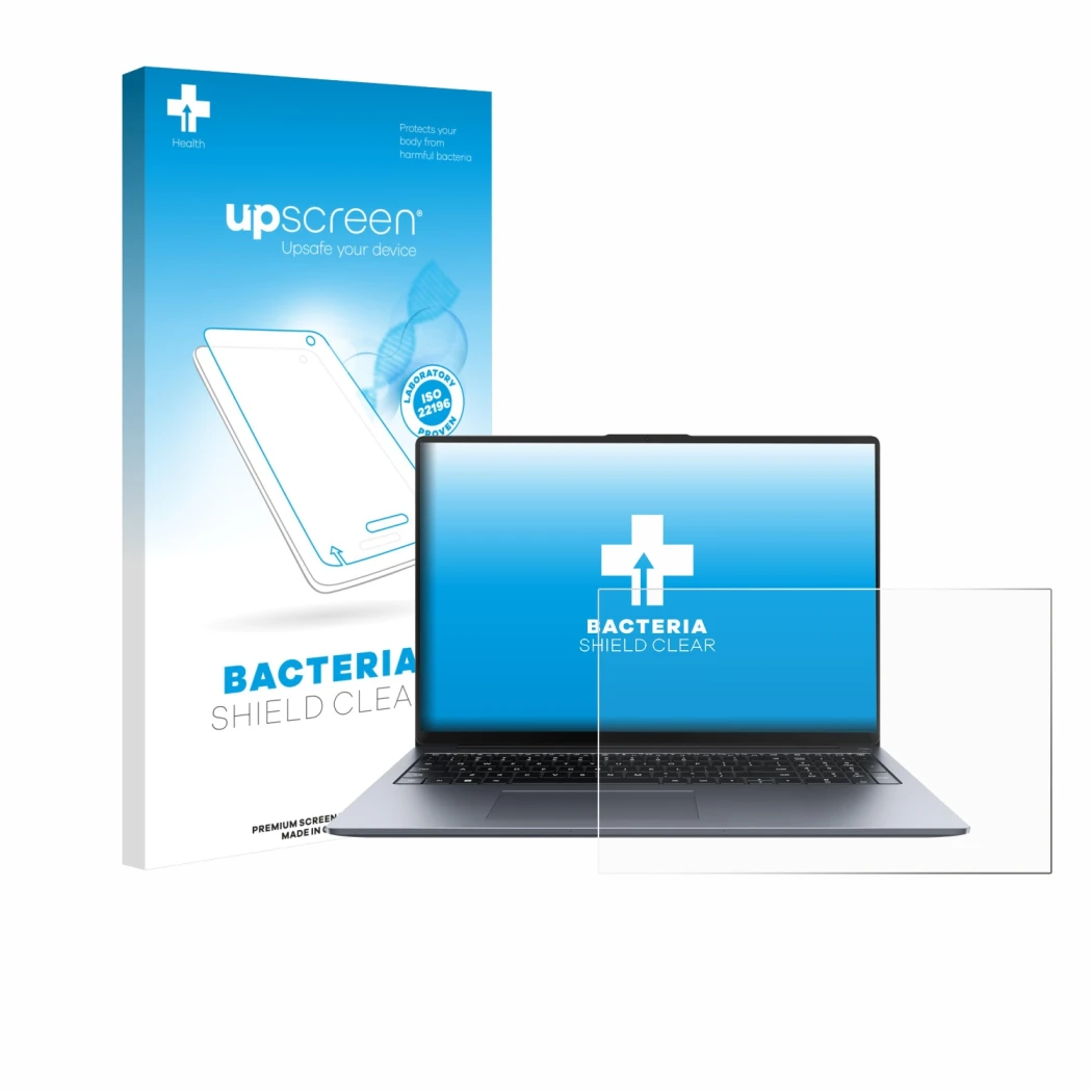 Vorderseite einer Produktverpackung mit dem Markenlogo upscreen. Daneben ist das Gerät Huawei MateBook D 16 2024 mit dem zugeh