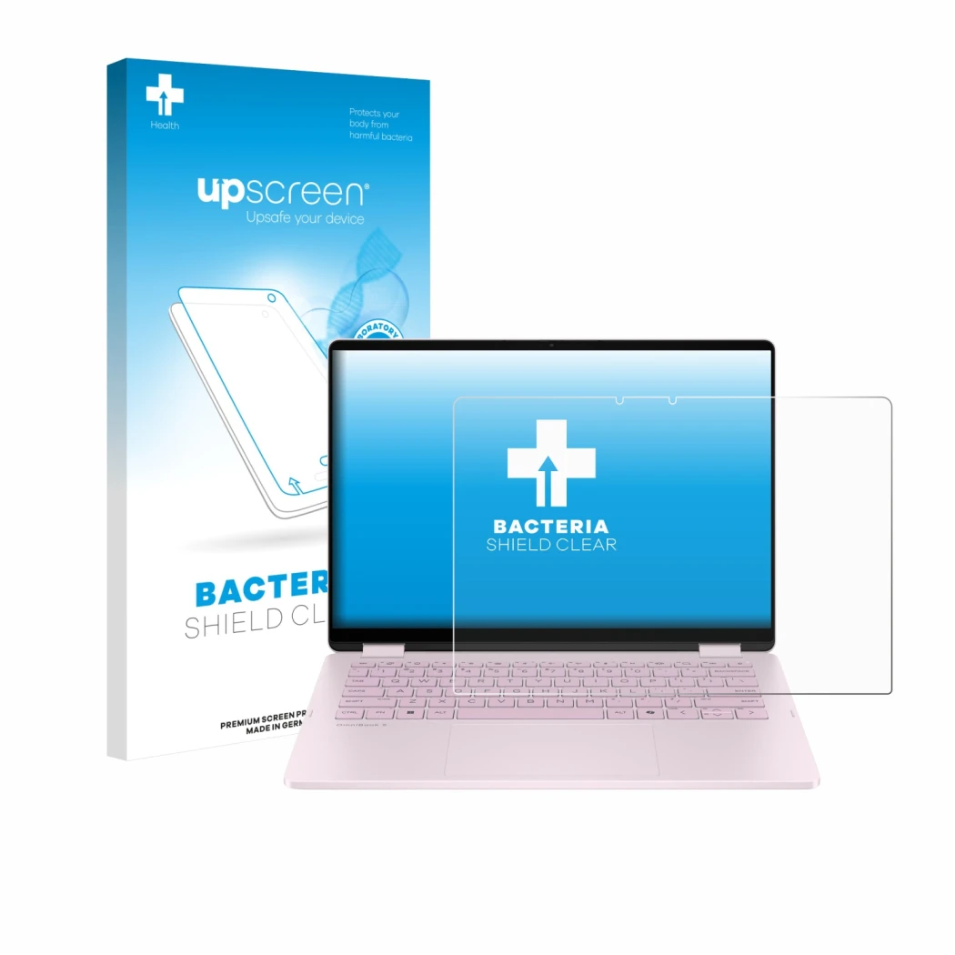 Vorderseite einer Produktverpackung mit dem Markenlogo upscreen. Daneben ist das Gerät HP OmniBook 5 Flip 14 14-fp0153ng mit d