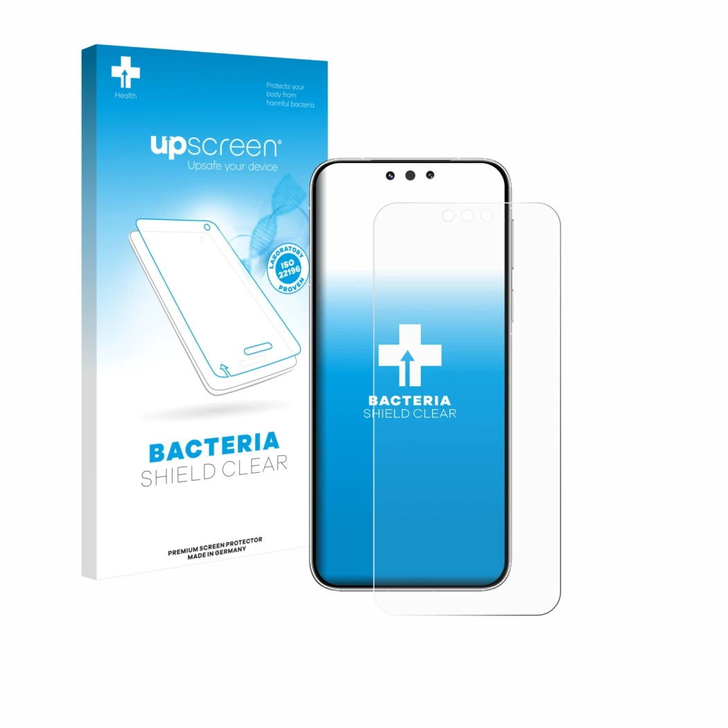 Vorderseite einer Produktverpackung mit dem Markenlogo upscreen. Daneben ist das Gerät Huawei Mate 80 Pro mit dem zugehörigen 